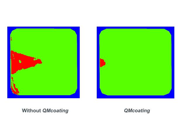 QMcoating: Ohne QMcoating kann es zu unzureichender Beschichtung des Layer kommen (die roten Bereiche weisen auf fehlendes Pulvermaterial hin); Ansatz dazu: Mit QMcoating wird der Dosierfaktor des Pulvers innerhalb der Toleranz angepasst. (Bildquelle: Concept Laser GmbH) / QMcoating: without QMcoating, the layer may be insufficiently coated (the red areas indicate a lack of powder material); with the QMcoating approach, however, the powder dosing factor is adjusted within the tolerance range. (Photo: Concept Laser GmbH)