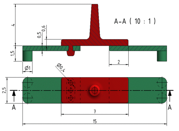 2K-Mikro-Demonstrationsformteile - im Bild sind beide Demonstrationsformteile in einem Formteil (FT) dargestellt. Linke FT-Hälfte mit Hinterschnitt (Variante: Niete), rechte FT-Hälfte ohne Hinterschnitt (Variante: Haftung).