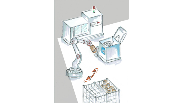Skizze einer Fertigungszelle: Roboter entnimmt Bauteil aus Korbstapel und beschickt Bearbeitungszentrum und BvL-Reinigungsanlage.