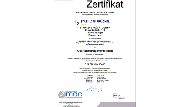 Der Esslinger Edelstahlhändler STAINLESS FRÜCHTL ist jetzt nach der Medizinnorm DIN EN ISO 13485 zertifiziert. © Bildquelle: STAINLESS FRÜCHTL
