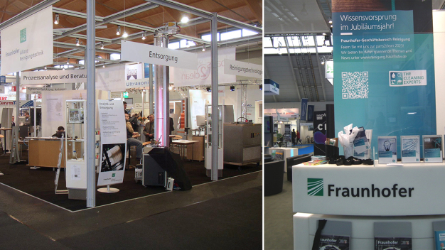 Fraunhofer-Geschäftsbereich Reinigung von Beginn an auf der parts2clean (links: 2003, rechts: 2022) © Fraunhofer / Fraunhofer Business Area Cleaning at parts2clean from the very beginning (left: 2003, right: 2022) © Fraunhofer