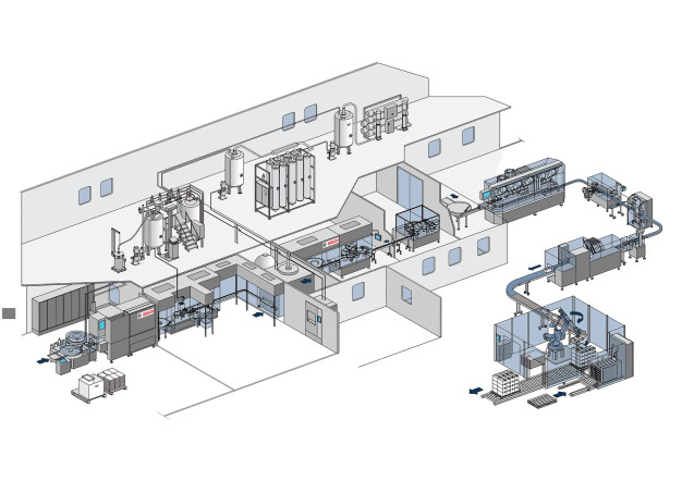 Linienkompetenz im Fokus: Auf der Achema 2015 zeigt Bosch Packaging Technology exemplarische Linienkonzepte für die Herstellung, Verarbeitung und Verpackung von Pharmazeutika für unterschiedliche Therapiegebiete. (Foto: Bosch) / Focus on line competence: At Achema 2015, Bosch Packaging Technology showcases exemplary line concepts for the production, processing and packaging of pharmaceuticals for different therapeutic areas. (Picture: Bosch)