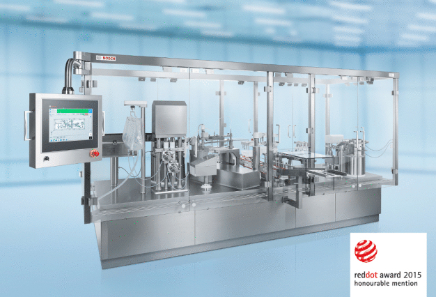 FXS Kombi erhält Red Dot Award: Bosch Packaging Technology erhält den Red Dot Award des weltbekannten Designzentrums Nordrhein-Westfalen für besonders gelungene gestalterische Arbeit an der FXS Kombi. Die am Standort Crailsheim entwickelte Füll- und Verschließmaschine füllt pharmazeutische Flüssigkeiten sicher und schonend in vorsterilisierte Spritzen, Vials und Karpulen im Nest. / FXS Combi receives Red Dot Award: Bosch Packaging Technology has received the internationally renowned Red Dot Award from the Design Zentrum Nordrhein-Westfalen for the well-executed design achievement of the FXS Combi. The filling and closing machine, developed at the site in Crailsheim, safely and gently fills pharmaceutical liquids into pre-sterilized nested syringes, vials and cartridges.