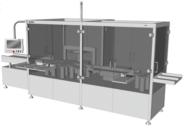 Kompakte Plattform für visuelle Inspektion und Dichtigkeitsprüfung: Die AIM 3 inspiziert bis zu 400 mit Lösungen und Suspensionen befüllte Ampullen und Vials pro Minute. / Compact platform for visual inspection and leak detection: The AIM 3 inspects up to 400 ampoules and vials containing solutions and suspensions per minute.