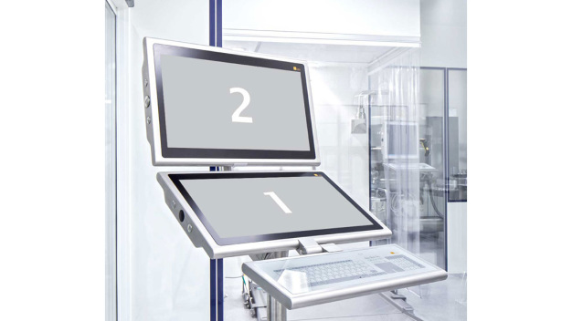 Abbildung 1: Dual-Display-Lösung mit dem TROLLEY LIGHT Duplex zur Anzeige von einer Software je Bildschirm. (Bildrechte: Systec & Solutions GmbH) / Image 1: Dual-display solution with TROLLEY LIGHT Duplex for displaying one software application per screen. (Image Rights: Systec & Solutions GmbH)