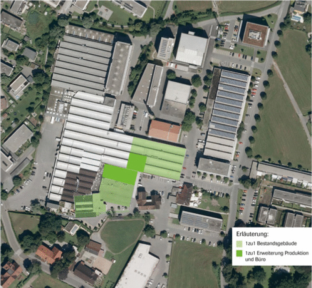 Das High-Tech-Unternehmen 1zu1 in Dornbirn erweitert bis 2020 seine Büro- und Produktionsflächen um mehr als ein Drittel auf 8500 Quadratmeter. (Datenquelle: Land Vorarlberg – data.vorarlberg.gv.at)