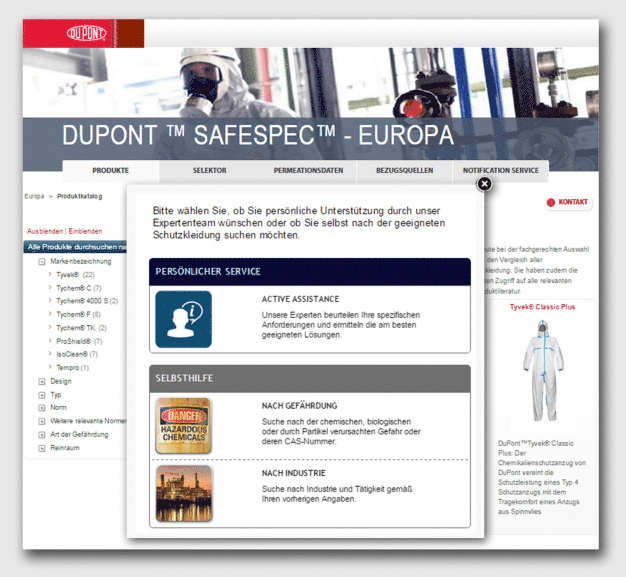 Der neue Selektor des interaktiven Online-Tools DuPont™ SafeSPEC™ führt den Benutzer in einfachen Schritten durch die Auswahl des für eine bestimmte Gefährdung oder Tätigkeit am besten geeigneten Schutzanzugs und Zubehörs. (Foto: DuPont)