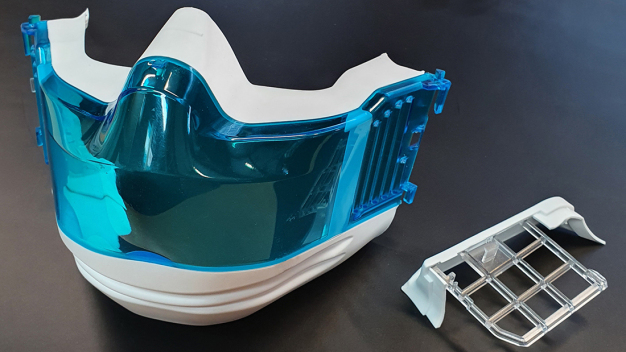 Gespritztes Rahmenteil für Seitenfilter der abgebildeten Atemmaske / Injection-moulded frame part for side filter of the respiratory mask illustrated Gespritztes Rahmenteil für Seitenfilter der abgebildeten Atemmaske / Injection-moulded frame part for side filter of the respiratory mask illustrated