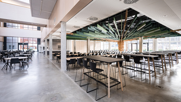 Blick auf die Kantine mit Baum im neuen Produktionsgebäude. (Copyright: Erbe Elektromedizin GmbH) Blick auf die Kantine mit Baum im neuen Produktionsgebäude. (Copyright: Erbe Elektromedizin GmbH)