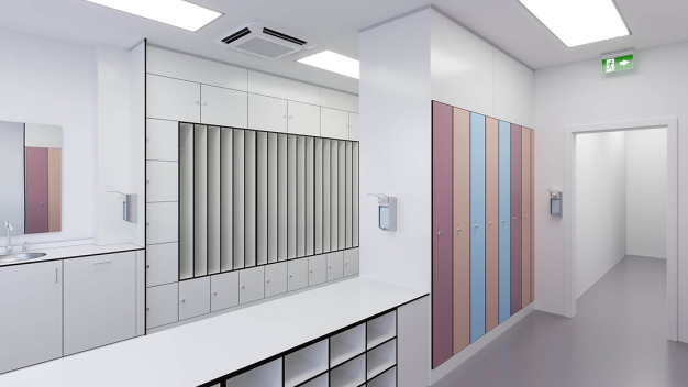 Hygiene trifft individuelles Design: Eine große Auswahl an Farben und Formen ermöglichen eine bedarfsgerechte Abstimmung. (Foto: Schäfer Einrichtungssysteme GmbH)