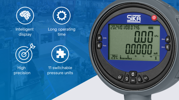 Das Digitalmanometer in der Industrieausführung von SIKA zeigt Referenzwert und Prüflingswert gleichzeitig an, verfügt über eine Hintergrundbeleuchtung und einen digitalen Bargraphen. (Copyright: SIKA Dr. Siebert & Kühn GmbH & Co. KG)