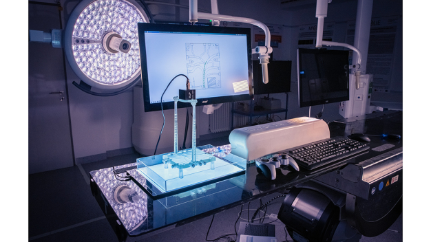 Testbench for the training and validation of AI for autonomous navigation of a guide wire. (Source: Fraunhofer IPA; photo: Vanessa Stachel)