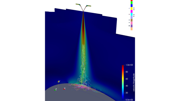 Die Simulationssoftware bildet den Zusammenhang zwischen der Steuerung des Meltblown-Prozesses und der Gleichmäßigkeit des Vliesstoffs ab. © Fraunhofer ITWM / The simulation software maps the relation ship between the control of the meltblown process and the uniformity of the nonwoven. © Fraunhofer ITWM