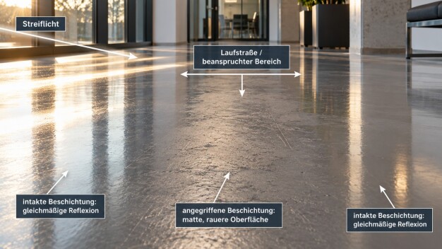 Egy zseblámpa fényében egy PU-bevonás mutatja, hol csillog még, és hol nem. (© G+C Facility GmbH)
