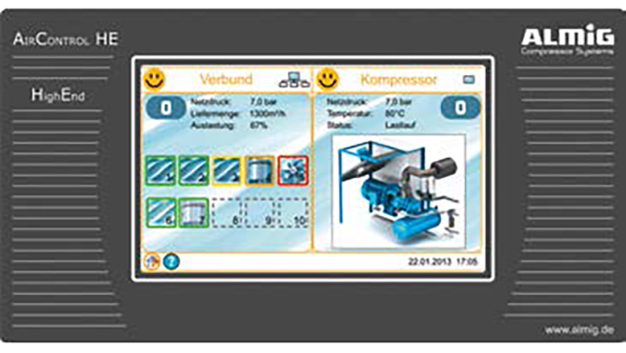 Die Steuerung ALMIG Air Control HE regelt die Kompressoren verbrauchsabhängig im Verbund. Damit lassen sich die Energievorteile der Drehzahlregelung voll nutzen. / The ALMIG Air Control HE control system regulates the compressors in a network depending on consumption. This allows the energy benefits of speed control to be fully exploited.