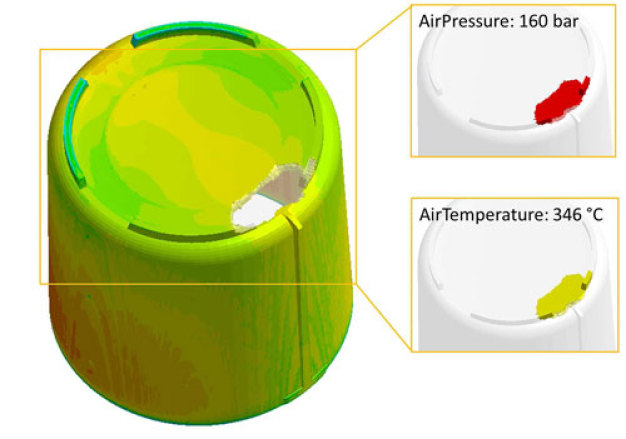 Lufteinschluss in SIGMASOFT® - die Simulation liefert neben Position und Größe auch Informationen über Druck und Temperatur in der Luftblase.  