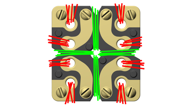 Abb. 2 (rechts): Mögliche textile Anbindung des Interposers: Anstickfäden (grün), Kontaktfäden (rot) 