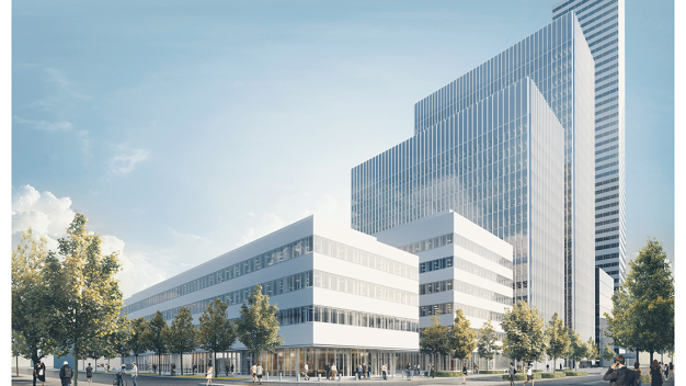 Roche pRED Forschungszentrum Basel (Foto: Beat Ernst; Rendering: Herzog & de Meuron)