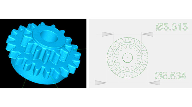 Abb. 5: li.: Punktewolke (STL-Datei); re.: Genaue Bemaßung (Abweichung ca. 3 µm)