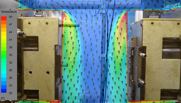 Abbildung 3: Werkzeugbereich der Spritzgussmaschine im Reinraum mit Simulation der optimierten Strömung.