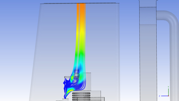 Abbildung 1: Umströmung einer Füllnadel durch Erstluft in einem Isolator. Das linke Bild zeigt den Nachweis im Rahmen einer CFD Simulation (Design) und das rechte Bild den Nachweis bei der Strömungsvisualisierung an der realen Anlage im Rahmen der Qualifizierung.