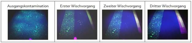 Abb. 8: Prüfverschmutzung auf einer Bodenbeschichtung über zwei Stunden eingetrocknet, drei aufeinanderfolgende Abreinigungen.