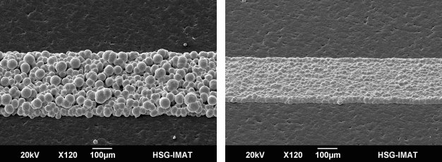 Gegenüber der herkömmlichen Reinigung, beispielsweise mit Ultraschall oder Wasserhochdruck, bietet das quattroClean-System den Vorteil, dass die aufgerauten Laserstrukturen gleichzeitig eingeebnet (rechts) werden. (Bildquelle: HSG-IMAT) / Compared with common cleaning methods, such as ultrasonic or high-pressure washing processes, the quattroClean system has the advantage of smoothing rough laser structures at the same time (right). (Photo: HSG-IMAT)