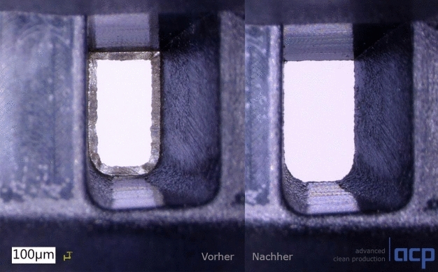 Die nach dem Spritzgießprozess vorhandenen Grate werden prozesssicher und reproduzierbar entfernt. (Bildquelle: acp systems AG) / The burrs on parts after the injection molding process are removed reliably and reproducibly. (Photo source: acp systems AG)