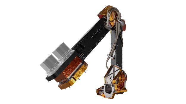 Egy APPMAX-3-irányító mechanizmus a Beyond Gravity-től, robotkar formájában, fogja irányítani a SWISSto12 „HummingSat” űrhajó elektromos hajtóművét. Szerzői jog: Beyond Gravity.