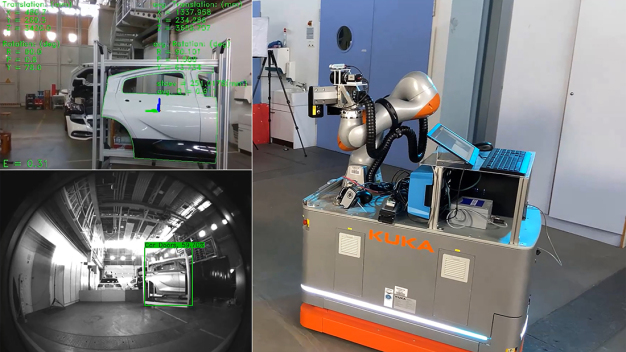 Der autonome Messroboter erkennt mit Hilfe von Kameras sein Ziel selbstständig und richtet sich an der Karosserie aus, um Spalt und Bündigkeit an den gewünschten Positionen ohne menschliche Interaktion zu inspizieren. Der autonome Messroboter erkennt mit Hilfe von Kameras sein Ziel selbstständig und richtet sich an der Karosserie aus, um Spalt und Bündigkeit an den gewünschten Positionen ohne menschliche Interaktion zu inspizieren.
