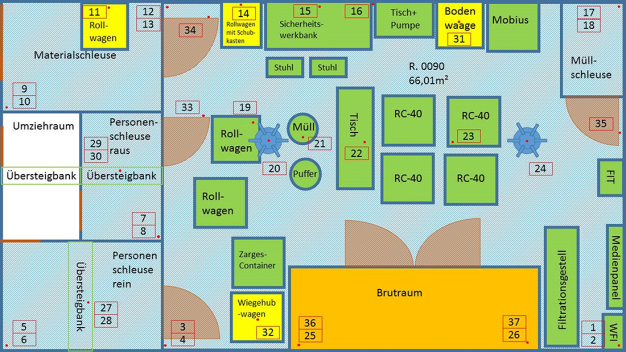 Beispiel eines Raumplans mit Schwerpunkten für eine vollautomatisierte H2O2-Dekontamination.