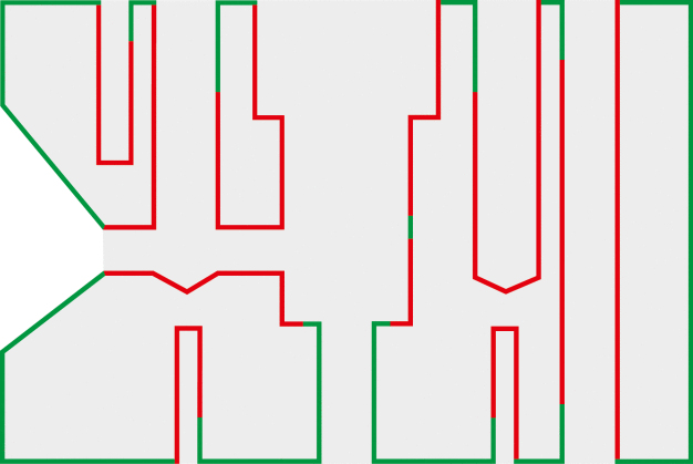 Bei Reinigungsverfahren mit starrem Düsensystem überwiegen die nicht beaufschlagten Teileregionen (rot) gegenüber optimal beaufschlagten Flächen (grün). / In cleaning processes with a rigid nozzle system, the partial regions which are not exposed (red) outweigh those which are optimally exposed (green). 