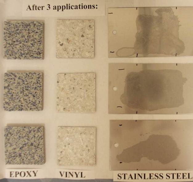 This photo shows three surface types: top row is low pH phenolic at use-dilution, middle row is high pH phenolic at use-dilution, bottom row is a ready to use sporicide, each applied (0.5 mL) three times with evaporation between each application.