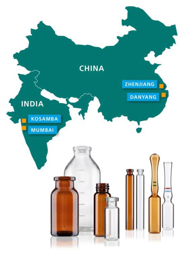 Gerresheimer produziert in China und Indien Primärverpackungen aus Glas für die Pharmaindustrie nach weltweit anerkannten
Qualitätsstandards. / In China and India Gerresheimer produces primary packaging made out of glass according to worldwide standards.