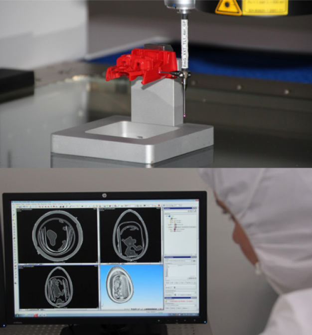 Multi Sensor Tool (oben) und Computertomograph (unten) zur Bestimmung der Maßhaltigkeit von Komponenten. (Fotos: Fraunhofer IPA / Nicole Göldner) / Multi Sensor Tool and Computer Tomography for determining the dimensional accuracy of components. (Pictures: Fraunhofer IPA / Nicole Göldner)