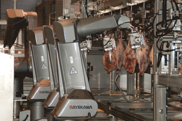 Mehrere Stäubli RX160 he zerlegen das Fleisch präzise, schnell und unter strengsten Hygieneanforderungen. / Stäubli RX160 HE robots cut meat precisely and rapidly.