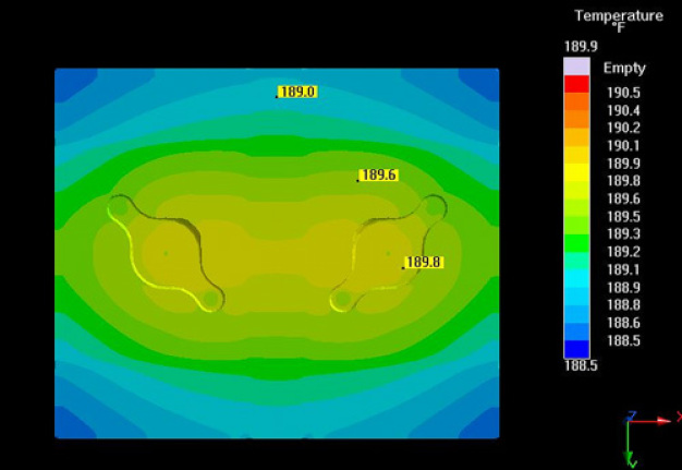 Bild2b: Gleichmäßigere Temperaturverteilung dank konturnaher Kühlung der Kerne (Bild: Kalypso Ultra Technologies) / Picture 2b: More uniform temperature distribution with conformal cooling of the mold (Picture: Kalypso Ultra Technologies)