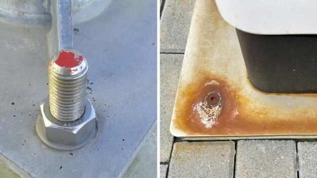 Identyczna kombinacja materiałów: stal nierdzewna i ocynkowana stal. Po lewej: Brak korozji bimetalicznej; po prawej: Korozja bimetaliczna. © po lewej: BAM, po prawej: Eberhard Wied