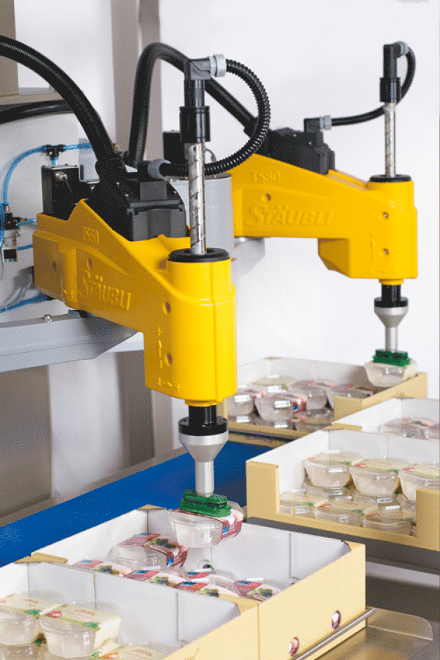 Secondary packaging durch Scaras des Typs TS80. / Secondary packaging by several Stäubli SCARA-type TS80 robots.