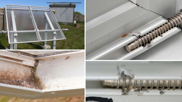 Bi-metalowa korozja po trzech latach przechowywania na Helgolandzie: Wyraźny atak korozji na ramę aluminiową w okolicy śrub mocujących z elementami mocującymi ze stali nierdzewnej. © BAM