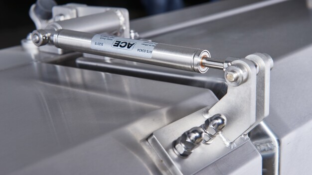 Industrial gas spring from ACE made of stainless steel also provides power and cleanliness in the food industry when opening and closing cover hoods and maintenance flaps. (Copyright: Image credit: ENT Bremen)