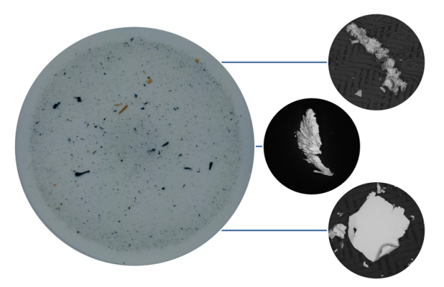 Figure 1: Particles on a filter membrane extracted in tests on an automotive component (left), and single critical particles (right)