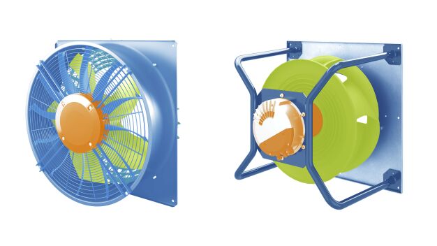 De centrale functiebereiken van de ventilator in axiale (links) en radiale ventilatoren (rechts): het waaierblad als aerodynamisch hartstuk (groen), de motor met geïntegreerde elektronica als aandrijfeenheid (oranje) en de stator, dat wil zeggen de luchtgeleide en dragende structuren (blauw). (Afbeelding: ebm-papst)