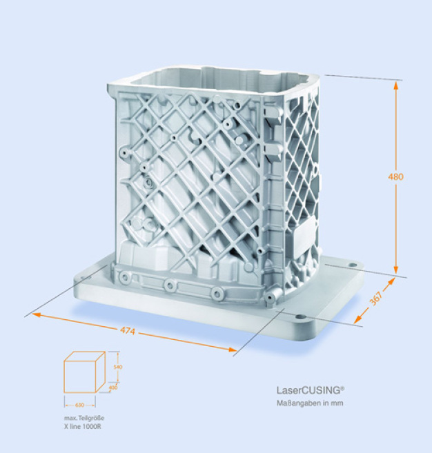 Größtes, generativ gefertigtes Bauteil: Ein Getriebegehäuse aus Aluminium (Maße: x: 474mm; y: 367mm; z: 480m – exklusive Bauplattenhöhe) entsteht mit Aufbauraten von > 50cm³/h aus Pulver. (Foto: Concept Laser GmbH) / The largest part produced using additive manufacturing: a gear housing made of aluminum (dimensions: x: 474mm; y: 367mm; z: 480m – excluding build platform height) is constructed from powder at rates of > 50cm³/h. (Photo: Concept Laser GmbH)