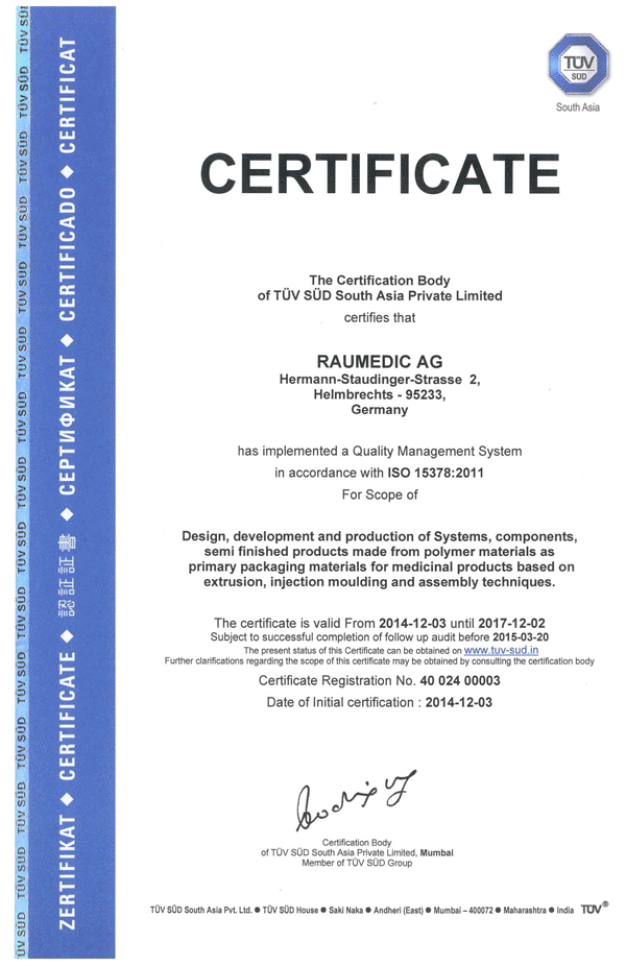 Zertifikat der Raumedic AG zur DIN EN ISO15378:2011 / Raumedic AG's DIN EN ISO15378:2011 certificate
