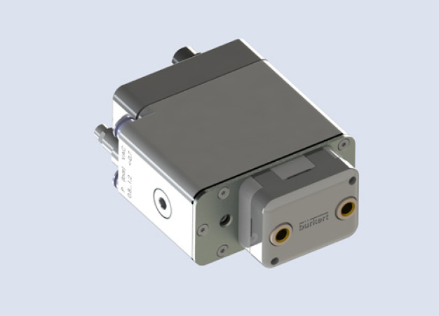 Die Größe der Dosierkammer bestimmt beim Pneumatic dosing system das Dosiervolumen pro Hub und kann zwischen 150 und 750 µl liegen. / In the pneumatic dosing system the size of the dosing chamber – between 150 and 750 µl – determines the dosing volume per stroke.