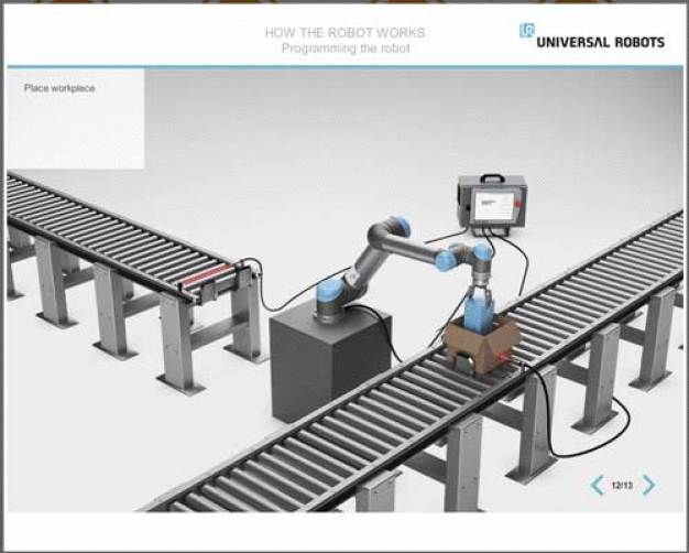 Die Module der UR Academy führen jeden Teilnehmer durch grundlegende Aufgaben, so zum Beispiel wie man einen UR-Roboterarm dafür programmiert, Teile in eine Box auf einem Fließband zu packen.