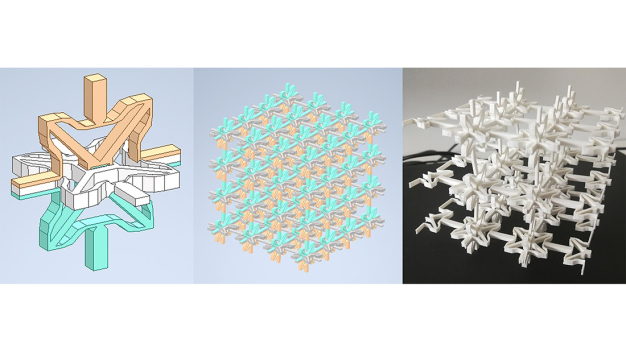 Links: Einheitszelle aus Strukturelementen, Mitte: Aufbau des Materials aus vielen Zellen, Rechts: 3D-gedruckter Demonstrator. © Fraunhofer IWM / Left: Unit cell made of structural elements, Middle: Structure of the material from many cells, Right: 3D printed demonstrator. © Fraunhofer IWM