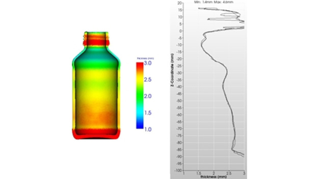 Ergebnis der Prozesssimulation – Analyse der Glaswandstärkenverteilung / Result of the process simulation - analysis of the glass wall thickness distribution