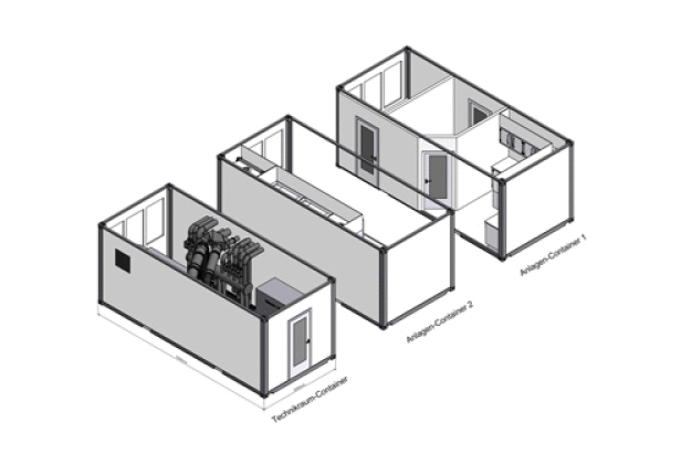Dreiteilige Reinraumanlage in schematisierten Einzel-Containern. © MK Versuchsanlagen
